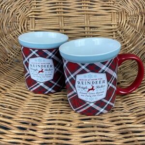 DesignPac Oversized Red Plaid Ceramic Christmas Mug Reindeer Sleigh Rides - PAIR